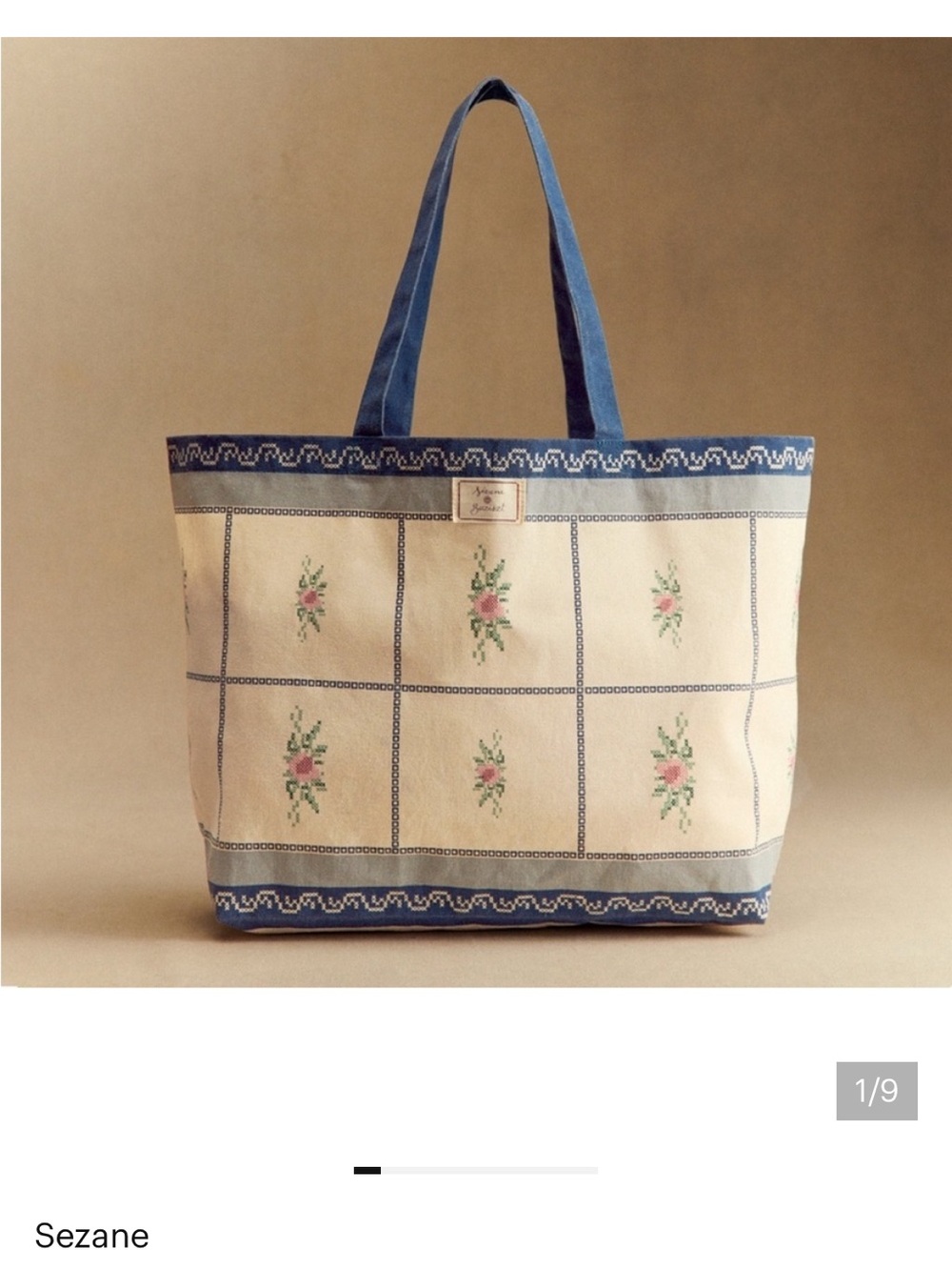Sézane Basiszt Blue & Cream Floral Grid Tote Bag